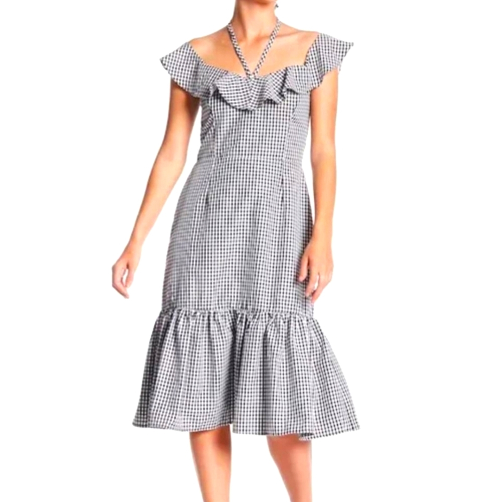 WAYF Black/White Gingham Zandar OTS Ruffle Midi Dress Front Tie Lined Tiered XL